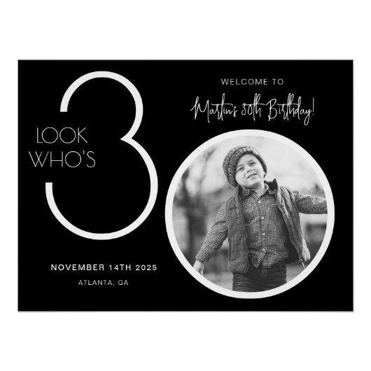 Zwarte Moderne Foto 30e Verjaardag Welkom Teken Perfect Poster (Voorkant)
