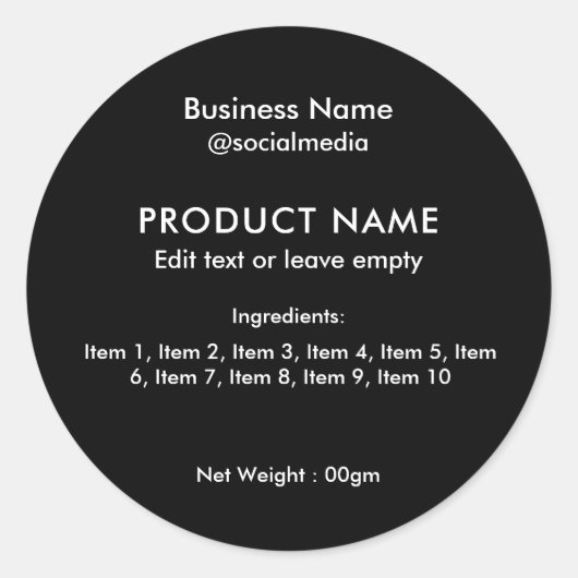 Zwarte moderne ingrediënten ronde sticker (Voorkant)