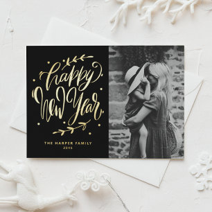 Zwarte moderne kalligrafie en krans Nieuwjaarsfoto Folie Feestdagen Briefkaart