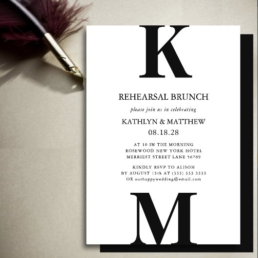 Zwarte Moderne Krappe Monogram Rehearsal Brunch Kaart