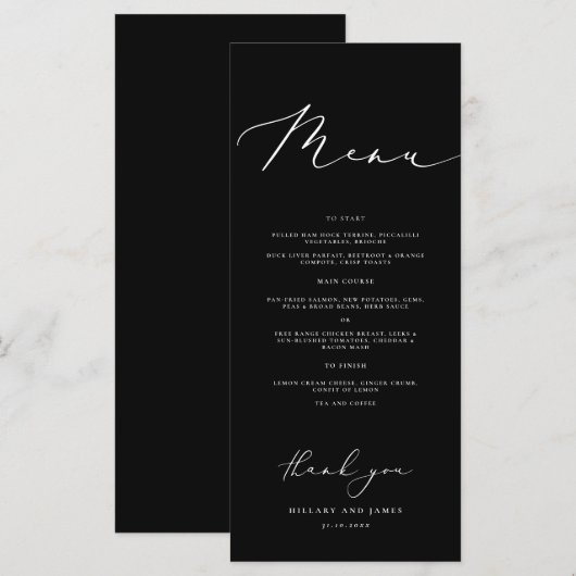 Zwarte Moderne Minimalistische Kalligrafie Trouwdi Menu (Voorkant / Achterkant)