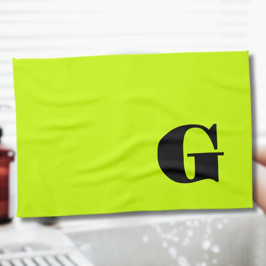 Zwarte Moderne Monogram | Neon Limoen Geel Theedoek