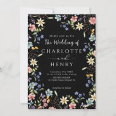 Zwarte moderne QR-code Wildflower Wedding Kaart (Voorkant)