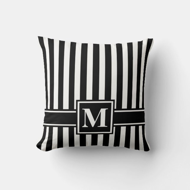 Zwarte Moderne streep met monogram Kussen (Voorkant)
