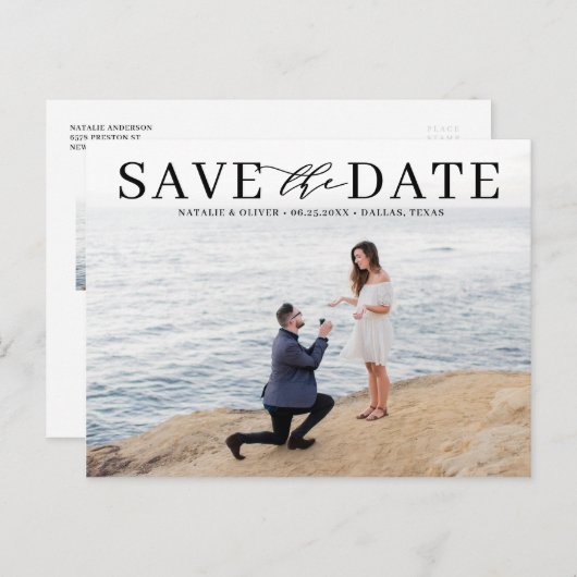 Zwarte Moderne Typografie Foto Opslaan Datum Aankondigingskaart (Voorkant / Achterkant)