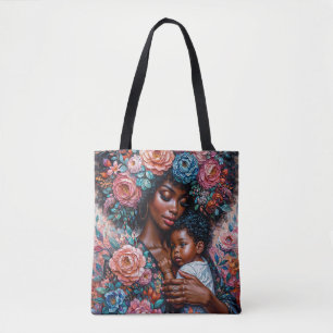 Zwarte moeder en kind Floral Portrait Art Draagtas