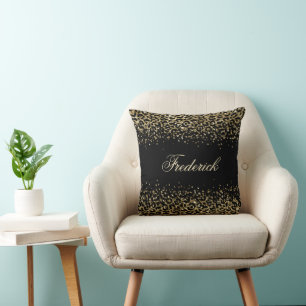 Zwarte monogram luipaardprint met gouden glitters kussen