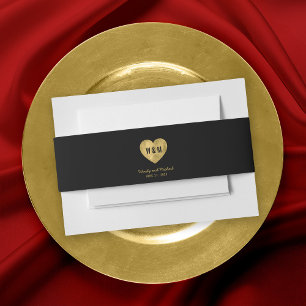 Zwarte Monogram Nep Gouden Hart Trouw Uitnodigingen Wikkel