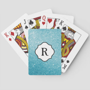 Zwarte monogram op glinsterende aqua glitter pokerkaarten