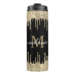 Zwarte monogram scriptnaam Gold Glitter Drip Thermosbeker