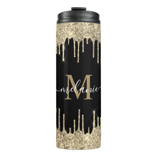 Zwarte monogram scriptnaam Gold Glitter Drip Thermosbeker (Voorkant)