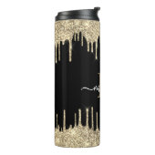 Zwarte monogram scriptnaam Gold Glitter Drip Thermosbeker (Gedraaid links)