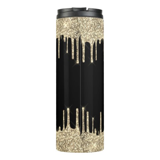 Zwarte monogram scriptnaam Gold Glitter Drip Thermosbeker (Achterkant)