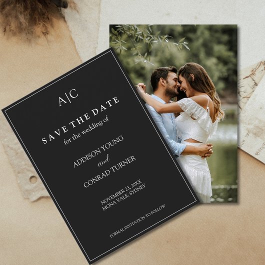 Zwarte Monogram Trouwfoto Save the Date Kaart