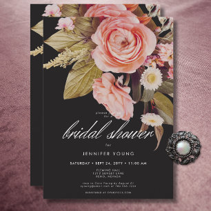 Zwarte Moody Roze Blush Bloemen Bruidsdiner Kaart