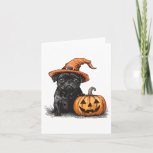 Zwarte mopshond met heks Pet en pompoen Halloween  Kaart