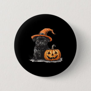 Zwarte mopshond met heks Pet en pompoen Halloween  Ronde Button 5,7 Cm