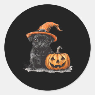 Zwarte mopshond met heks Pet en pompoen Halloween Ronde Sticker