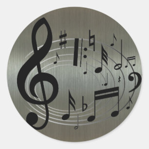 Zwarte muzieknoten op aluminium achtergrond ronde sticker