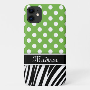 Zwarte naam groene poka Dots Zebra Stripes iPhone 11 Hoesje