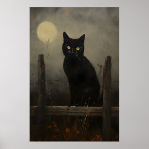 Zwarte Nachtkat Vintage Afdruk, Maan Kat Op Een Sc Poster