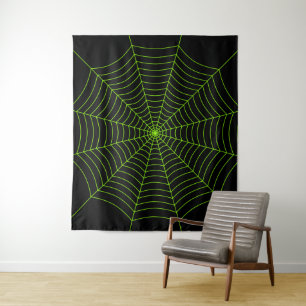Zwarte neon groene spinnenweb Halloween patroon Wandkleed