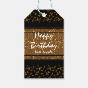 Zwarte nepschitterende geborstelde gouden glamour cadeaulabel
