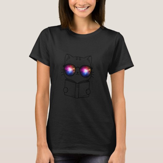 Zwarte Nerd Kat met Galactische Lenzen en Boek T-shirt (Voorkant)