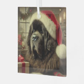 Zwarte Newfie in een kerstmuts Glas Ornament (Voorkant links)