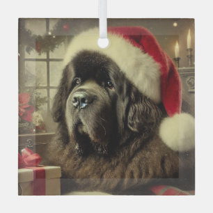 Zwarte Newfie in een kerstmuts Glas Ornament