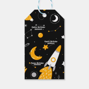 Zwarte Night Sky Buitenspace Rocket Birthday Cadeaulabel