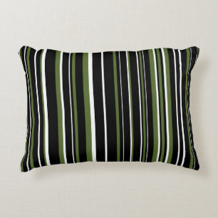 Zwarte, olijfgroene en witte barcode streep accent kussen