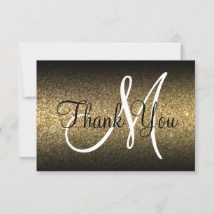 Zwarte Ombre Gouden Glitter Monogram Bedankkaart