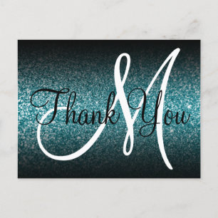 Zwarte Ombre Teal Glitter Monogram Bedankt Briefkaart