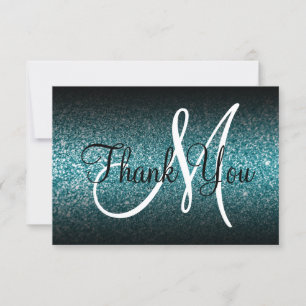 Zwarte Ombre Turquoise Glitter Monogram Bedankkaart