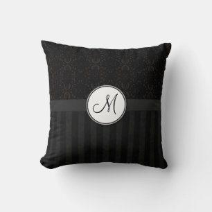 Zwarte op Zwart Damast en Strepen met Monogram Kussen
