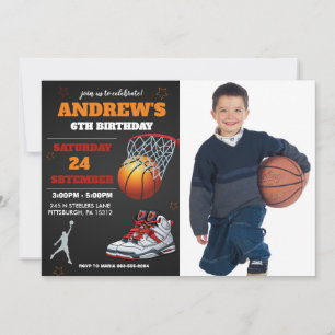 Zwarte Oranje Basketbal Foto Verjaardagsuitnodigin Kaart