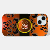 ZWARTE ORANJE DAMASKMONOGRAM Gemstone Case-Mate iPhone Case (Achterkant (horizontaal))