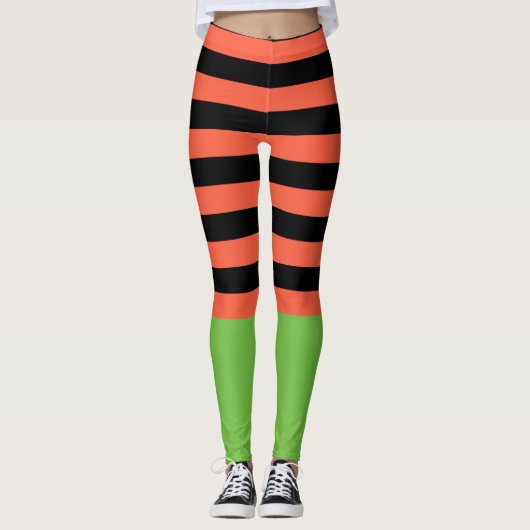 Zwarte & Oranje Strepen Groene Bodem Fun Halloween Leggings (Voorkant)