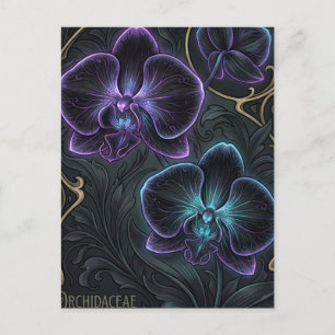 Zwarte orchidee bloeit met bioluminescente paarse briefkaart