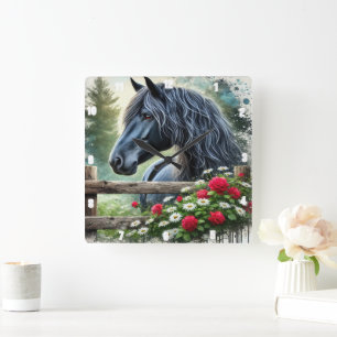 Zwarte Paard Bloemen Decoratieve Rozen en madelief Vierkante Klok
