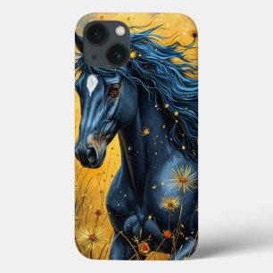 Zwarte Paard dat door een Levendige Weide Rent iPhone 13 Hoesje