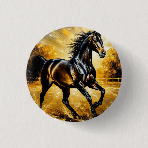 Zwarte Paard dat door het Water Rent in Gouden Zon Ronde Button 3,2 Cm