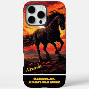 Zwarte paard galop bij vurige zonsondergang iPhone 16 pro max hoesje