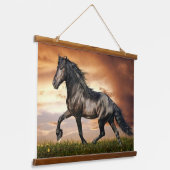 zwarte paard hangend wandkleed (Gebogen)