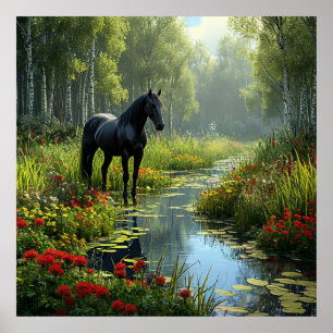 Zwarte paard in een weelderige bosachtige open ple poster