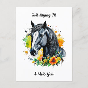 Zwarte Paard Omringd Door Gele Bloemen Hoi Briefkaart