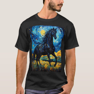 Zwarte Paard Van Gogh Sterrennacht Schilderen Wild T-shirt