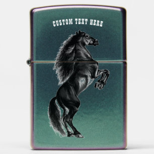 Zwarte paard Zippo aansteker met aangepaste tekst