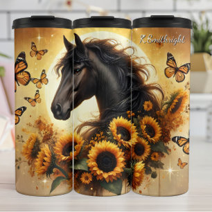 Zwarte Paard Zonnebloem Vlinder Gouden Gloed Thermosbeker